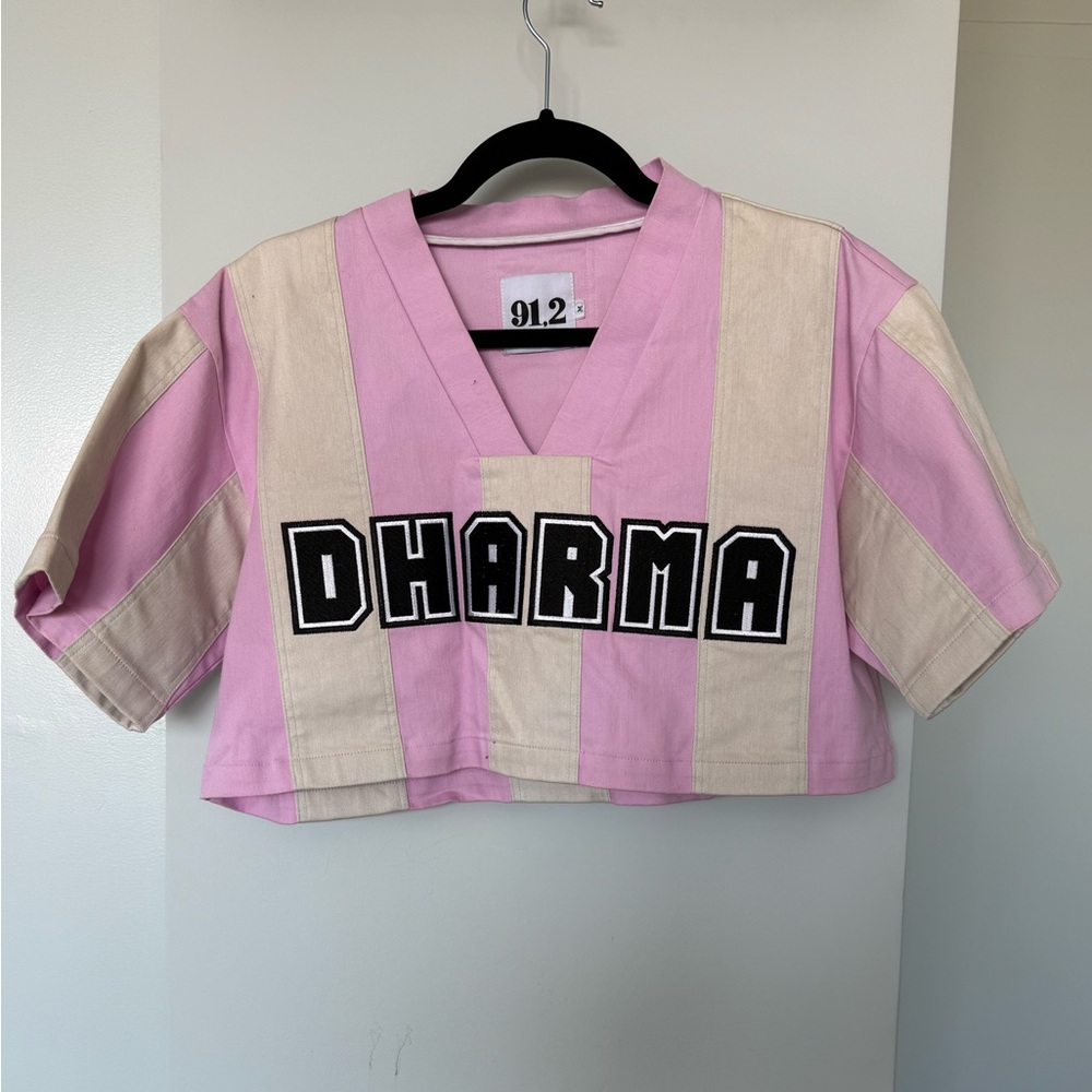 Dharma Pink & Cream Cropped V-Neck Top